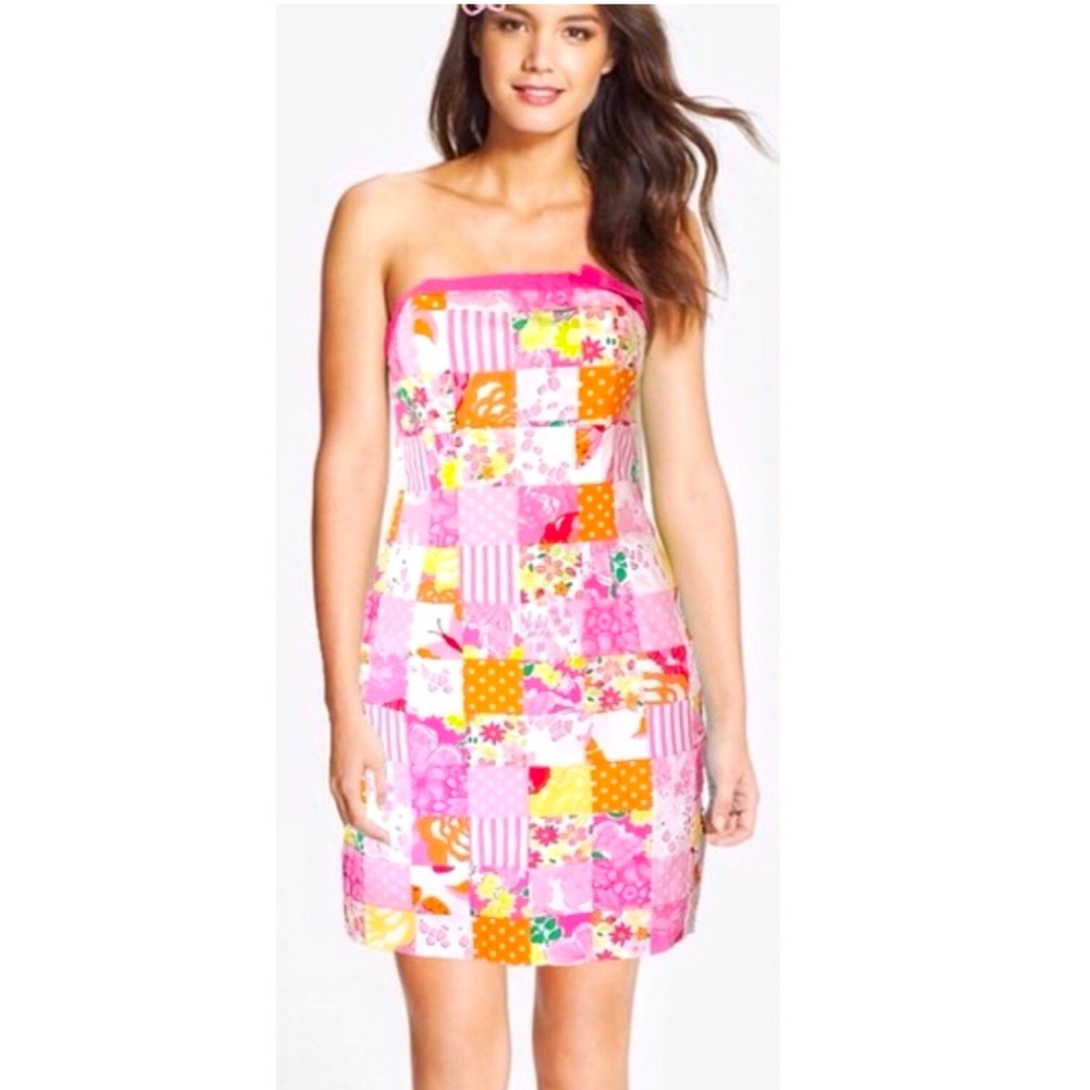 Lilly Pulitzer Pink Orange Yellow Patchwork Strapless Dress - Picture 11 of 11